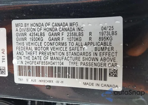 2025 Honda Civic Hybrid Sport/Sport Touring z USA, uszkodzony, nr VIN 2HGFE4F85SH341104